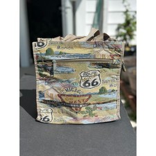 Vintage Route 66 Tapestry Tote Bag Road Trip Americana Woven Zip Top Handbag