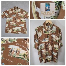 Vintage Kahala Hawaiian Shirt Men's Large Brown Del Mar Horse Racing Made in USA