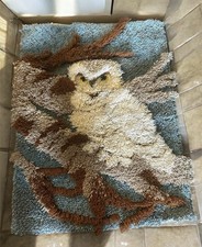 1970s Latch Hook Rug / Wall Hanging - Owl on Branch, Art Deco