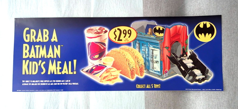 Batman Kid's Meal Toys Vintage 1997 Taco Bell Promotional Window Poster Animated