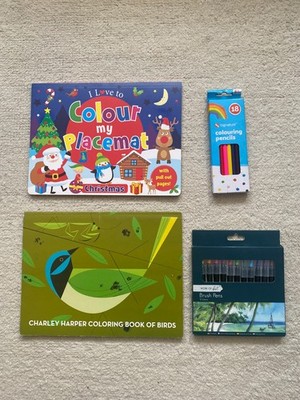 Malbücher x2, Stifte x18, Brush Pens x12 - Buch der Vögel, Weihnachten - Neu