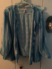 CHICO'S Sz 3 Turquoise Stripe Polka Dot Lined Open Front Jacket Cardigan
