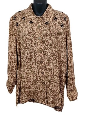 Vintage Cache Women's Animal Print Brown Button Down Long Sleeve Shirt Small 