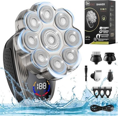 Skull Shaver Electric Palm Razor LED Cordless Rechargeable 9 Blades Wet Dry SET
