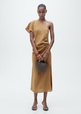 MANGO Linen One-shoulder Midi Camel Dress, Size M