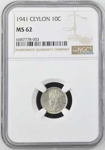 Ceylon 10 Cents 1941 NGC MS 62