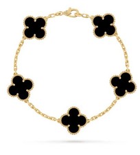 Van Cleef & Arpels Vintage Alhambra 18k Gold Onyx Clover Charm Chain Bracelet