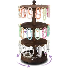 Bracelet Holder Organizer, 360° Rotating Wooden Jewelry Stand with 48 Metal H...