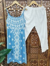 Women Modal Chikankari Strappy Long Kurta Pant Set Ethnic Wear Kurti - Blue