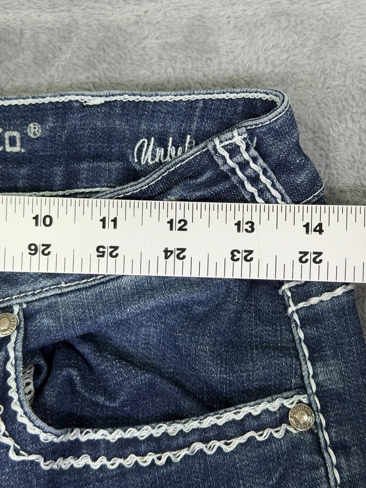 Jeans de toba vaquera para mujer 27x33 azul tiro bajo corte bootcut bordado nunca te rindas Foto 3 de 4