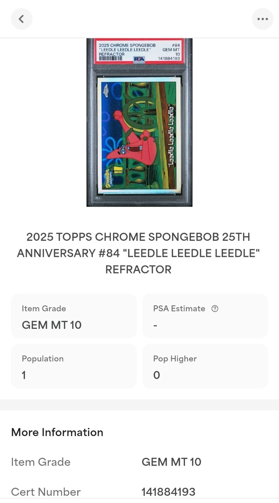 2025 Topps Chrome SpongeBob 25TH ANV Leedle Leedle Leedle Refractor PSA 10 POP 1 view 3