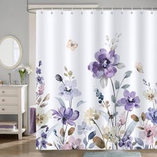 Purple Floral Shower Curtain, Lilac Flower Leaves Butterfly Elegant Bathroom ...
