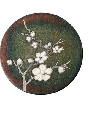 Jeremy Diller Studio Art Pottery Raku Cherry Blossom Flowers Green 4'' Coaster