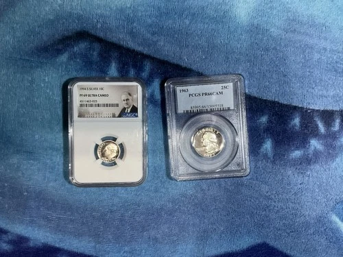 2 Coin Lot Both Graded NGC PF69 Ultra Cameo 1964 S SILVER 10C & 1963 PR66CAM 25C