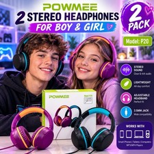 POWMEE P20 2 Pack Stereo Headphones Wired 3.5mm Kids Teens Boy Girl NEW