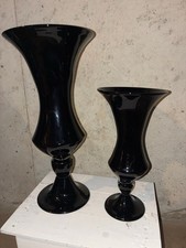 Vtg Empoli Style True Black Amethyst Glass Pedestal Flared Vases Set 15.5", 11"