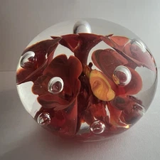 Boyd glass paperweight 63 / 100 Ltd Ed. Maroon Red Floral Design Ctld Bubbles
