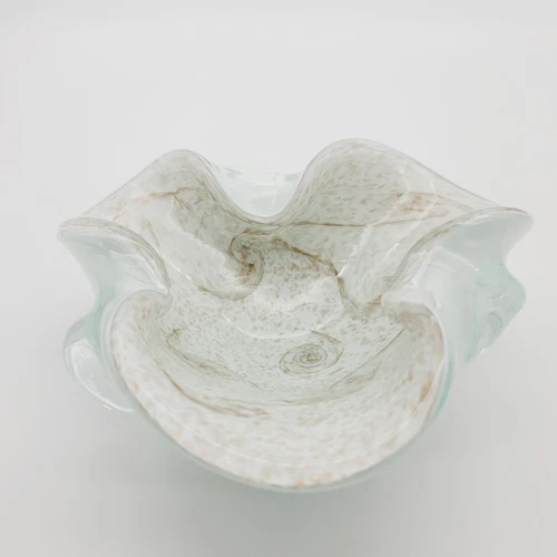 Vintage Murano Folded Glass Bowl White Gold Copper Flakes