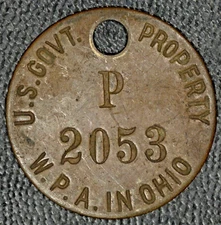 W. P A. in Ohio Property Tag/Token, U.S. Govt., Uniface, Copper, 1930's