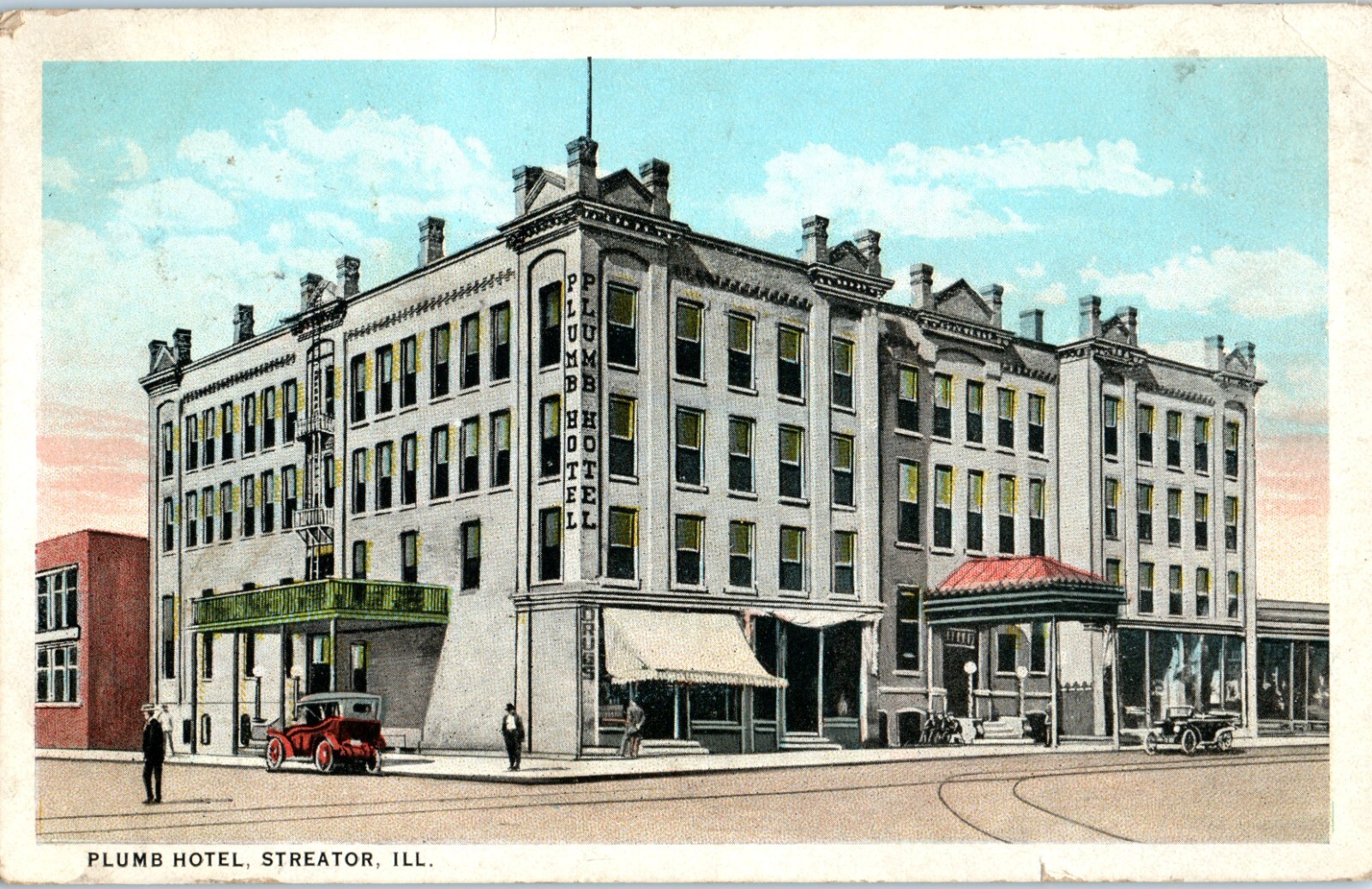 STREATOR ILLINOIS 1920s STREET SCENE PLUMB HOTEL LASALLE / LIVINGSTON
