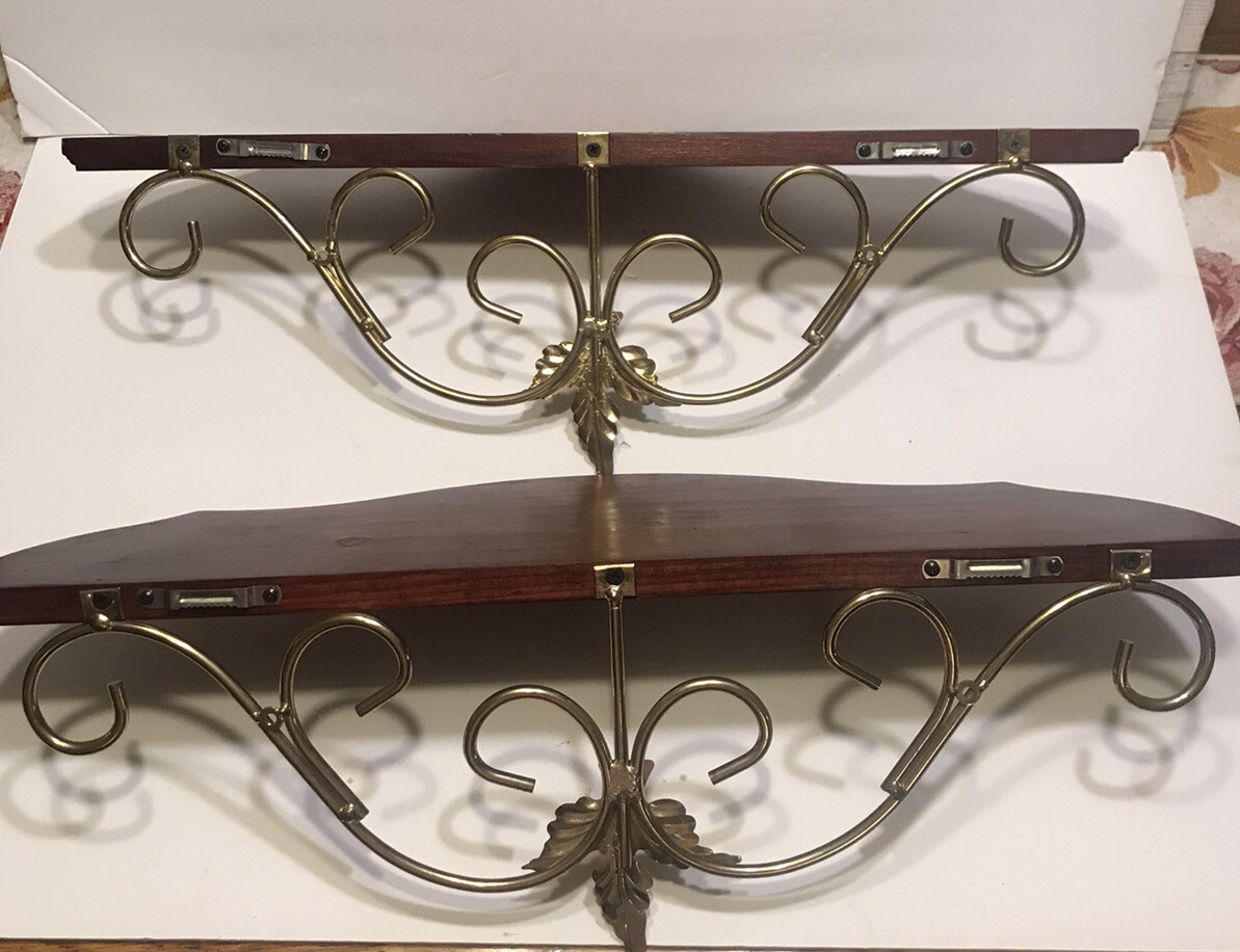 2 Vintage Wood & Gold Metal Scrolls Wall Decor Retro Shelves eBay