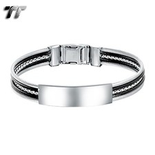 MENS TT 316L Silver/Black Stainless Steel ID Plate Bangle (BS09) NEW