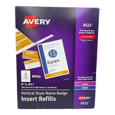 AVERY 8522 Vertical Style Name Badge Insert Refills 6 x 4 1/4" White 100 Inserts