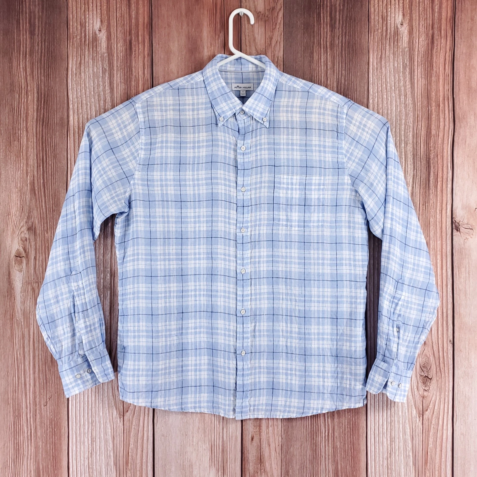 Peter Millar Mens Size Large Blue White 100% Linen Long Sleeve Button Down Shirt