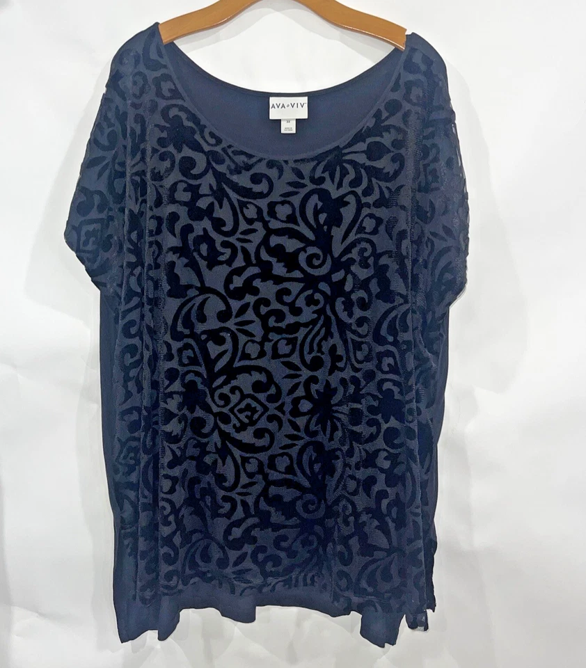 Blusa Ava & Viv Plus 3X Negra Terciopelo Top Burnout Cuello Redondo Camiseta Evento Cómoda Foto 3 de 4