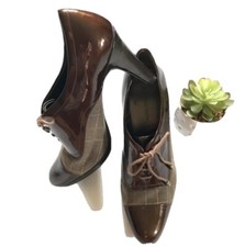 Anne Klein Brown Plaid Vintage Style Lace Up Oxford Heels High Heel Shoe Womens