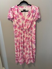 Talbots Women's Pink Fuschia Floral Dress Size 8 Flutter Sleeve Flowy Midi