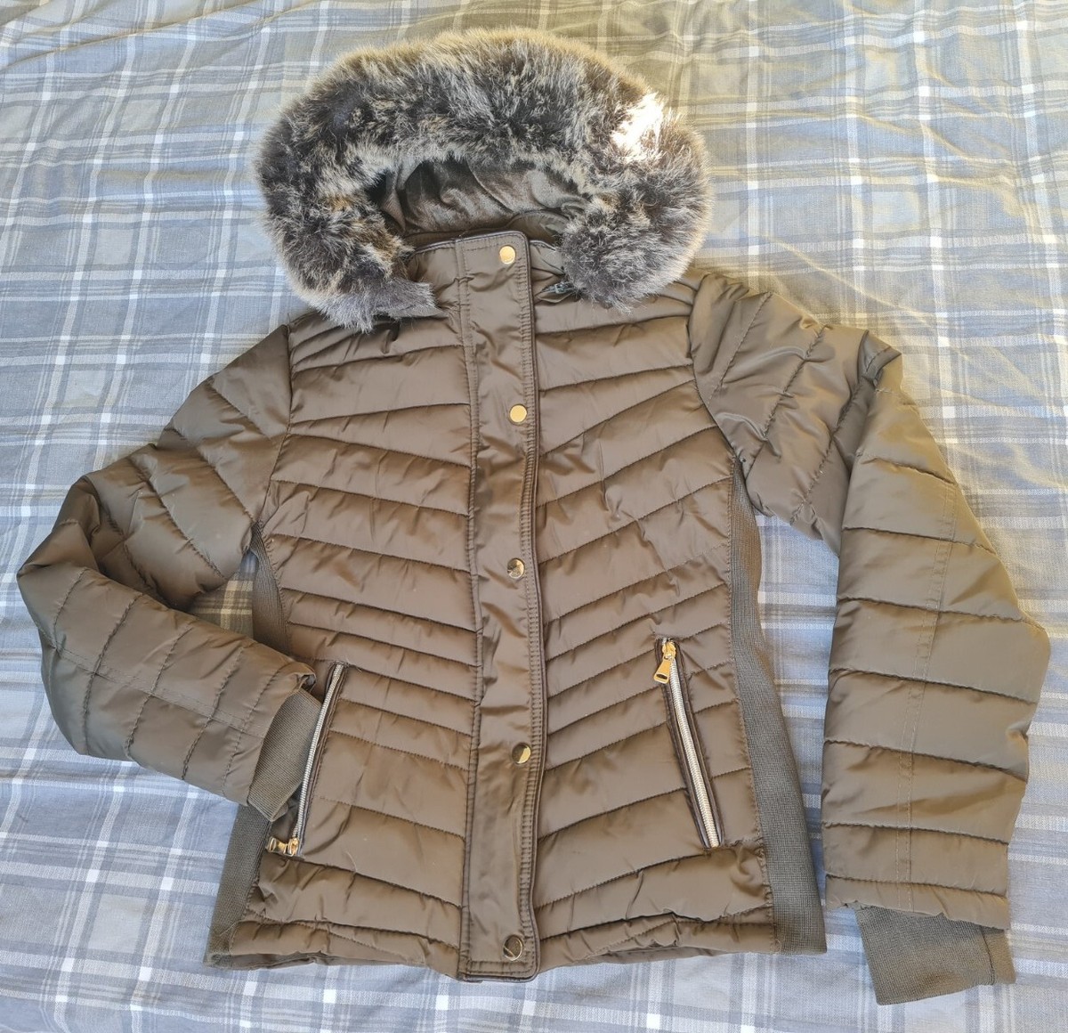 TK MAX Ladies Winter Padded Coat Jacket Size S Fur Collar Khaki