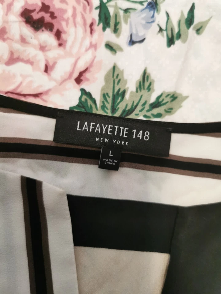 Lafayette 148 Top Women Large 100% Silk V Neck Stripe Cinch Beachy $598 0284 - Image 4 of 4