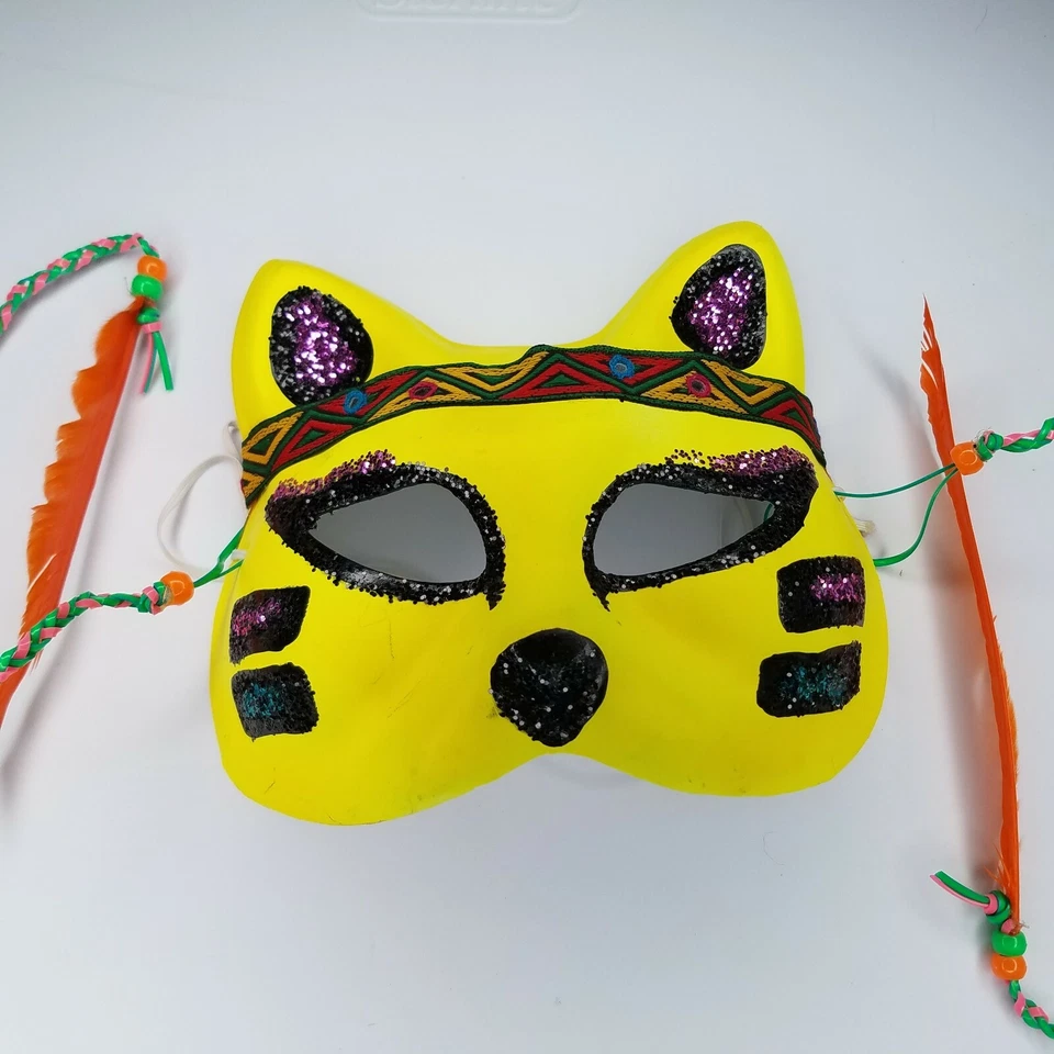 Halloween Cat Mask Paper Mache Yellow Glitter Feathers Elastic Band Indian FC - Image 2 of 4