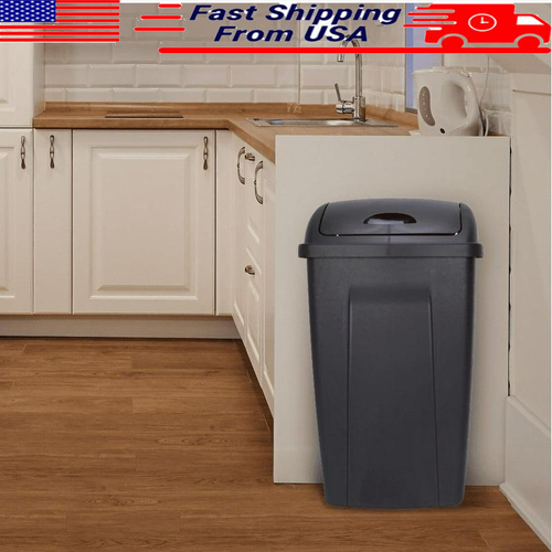 13 Gallon Swing Top Kitchen Trash Can Black Easy Clean Dual Lid 28.23" H Durable