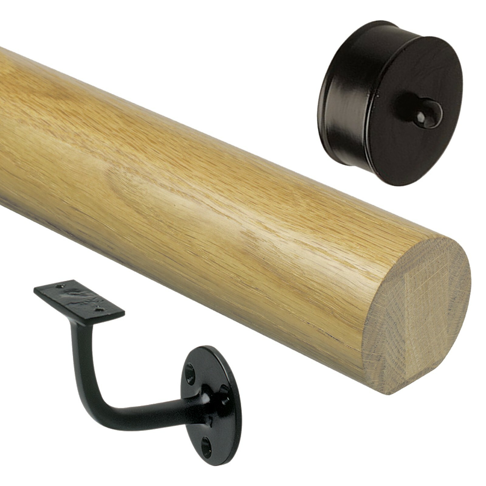 Solid Oak 2.4mtr Mopstick Wall Handrail Kit With Black Wall Brackets