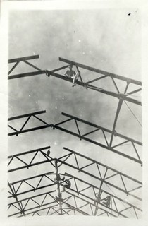 Men Sitting High Up On Trusses Beams VTG 1940s Photo POV Below Abstract Odd