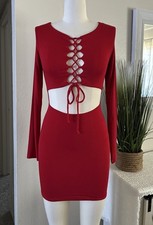 Fashion Boutique Women’s Red Long Sleeve Front Lace Up Mini Dress Size Medium