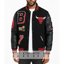 Chicago Letterman Varsity Bulls Wool and Leather Classic Baseball Jacket For Men