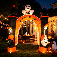 8ft Halloween Inflatable Arch LED, Skull Ghost Blow Up Archway for Yard Garden