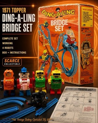 Ding-A-Ling Bridge Set 4 Robots 1971 Topper Toys Rare Working Metal Cam Powerpak