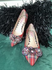 Betsey Johnson Red Tartan Plaid Lexie Heels Rhinestone Bows Size 7.5 NEW