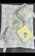 Vintage Plaid Pastel Baby Crib Set Quilted Blanket, Throw, Pillow & Fitted sheet