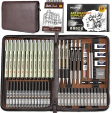 Nicpro 58 PCS Art Drawing Supplies Kit in Leather Case, Art Mechanical Pencil Se