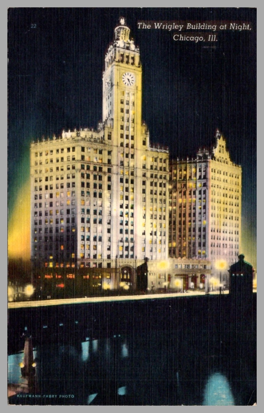 The Wrigley Building at Night Chicago Illinois Linen c1930 Vintage Postcard