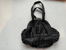 Vintage Black Satin Purse with Ruffle Pattern, Pink Lining, Snap Closure