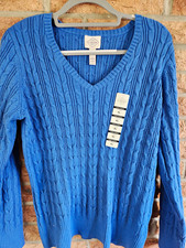 St. John's Bay Women's Blue Cable-Knit V-Neck Cotton Pullover Sweater XL