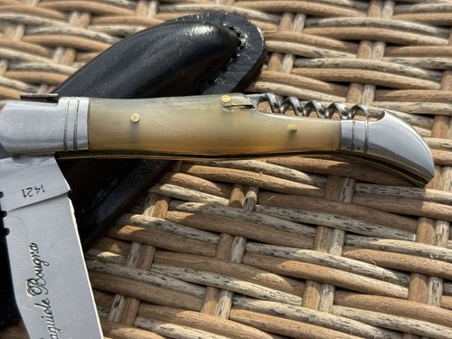 Vintage Laguiole Pocket Knife Blade Antler Handle Sheath Leather Corkscrew Men's - Picture 7 of 13