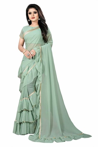 Women's Ruffle Saree Georgette Frill Design Stylish Ruffle Sari Blouse Partywear - Picture 17 of 94