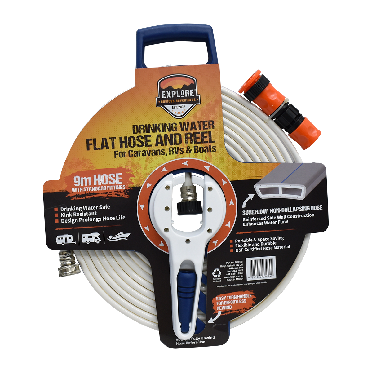 Explore Caravan Flat Drinking Water Safe Hose With Reel 9 Metre Motorhome Boat eBay